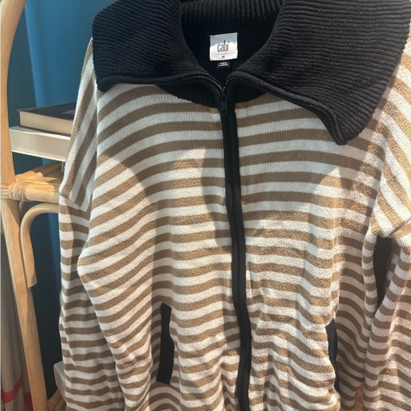 Cabi Mascot Zip Cardigan Brown & White Stripes with Black Trim & Collar - Picture 2 of 5